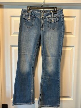 Miss Me Blue Flare Jeans with Embellished Pockets Size 30